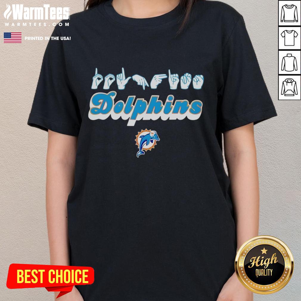 Official Miami Dolphins Football homage youth love sign hand signals ladies tee, showcasing team spirit and style.