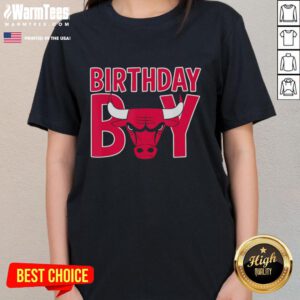 Alt Text: Official NBA Birthday Boy Chicago Bulls retro bold logo ladies tee featuring vibrant graphics and comfortable fit.