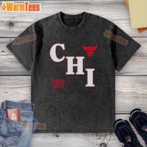 Official NBA Chicago Bulls angled logo on a washed t-shirt, showcasing team spirit and style for fans.