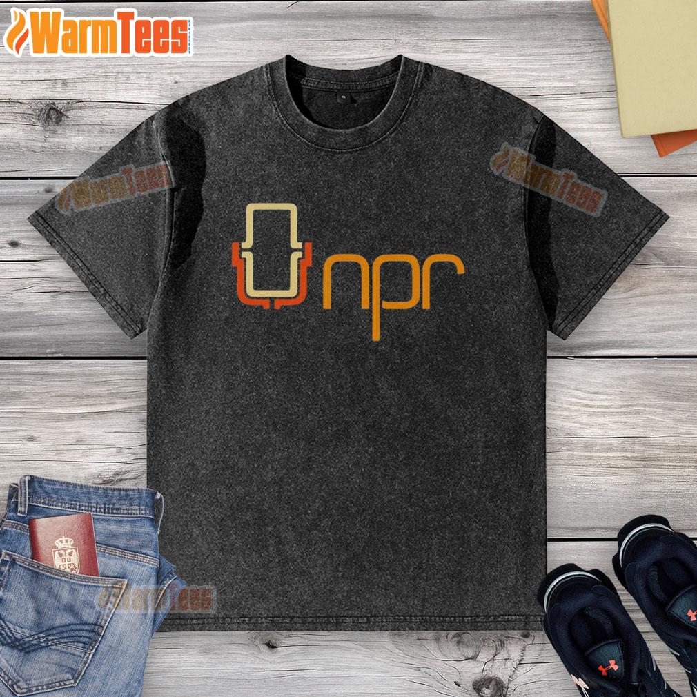 Official NPR 70s mic logo on a washed t-shirt, showcasing retro style and vintage radio culture.