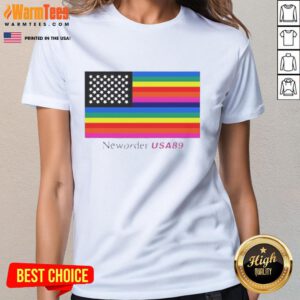 Alt Text: Official New Order USA '89 flag ladies tee featuring vibrant graphics and a stylish fit for fans.