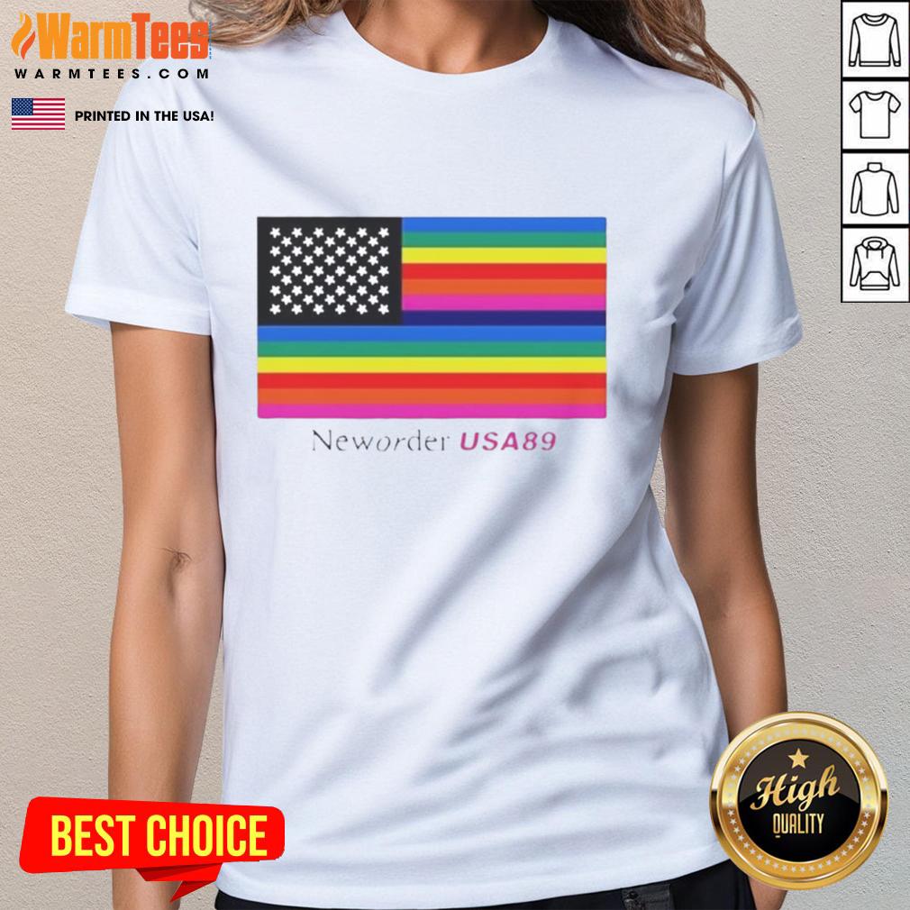 Alt Text: Official New Order USA '89 flag ladies tee featuring vibrant graphics and a stylish fit for fans.
