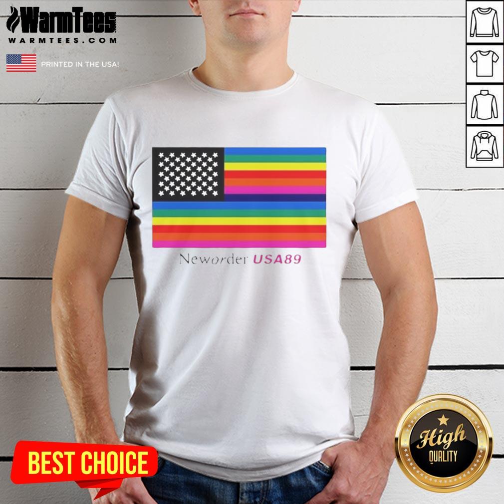 Official New Order USA '89 flag t-shirt featuring bold graphic design, perfect for fans of the iconic band.
