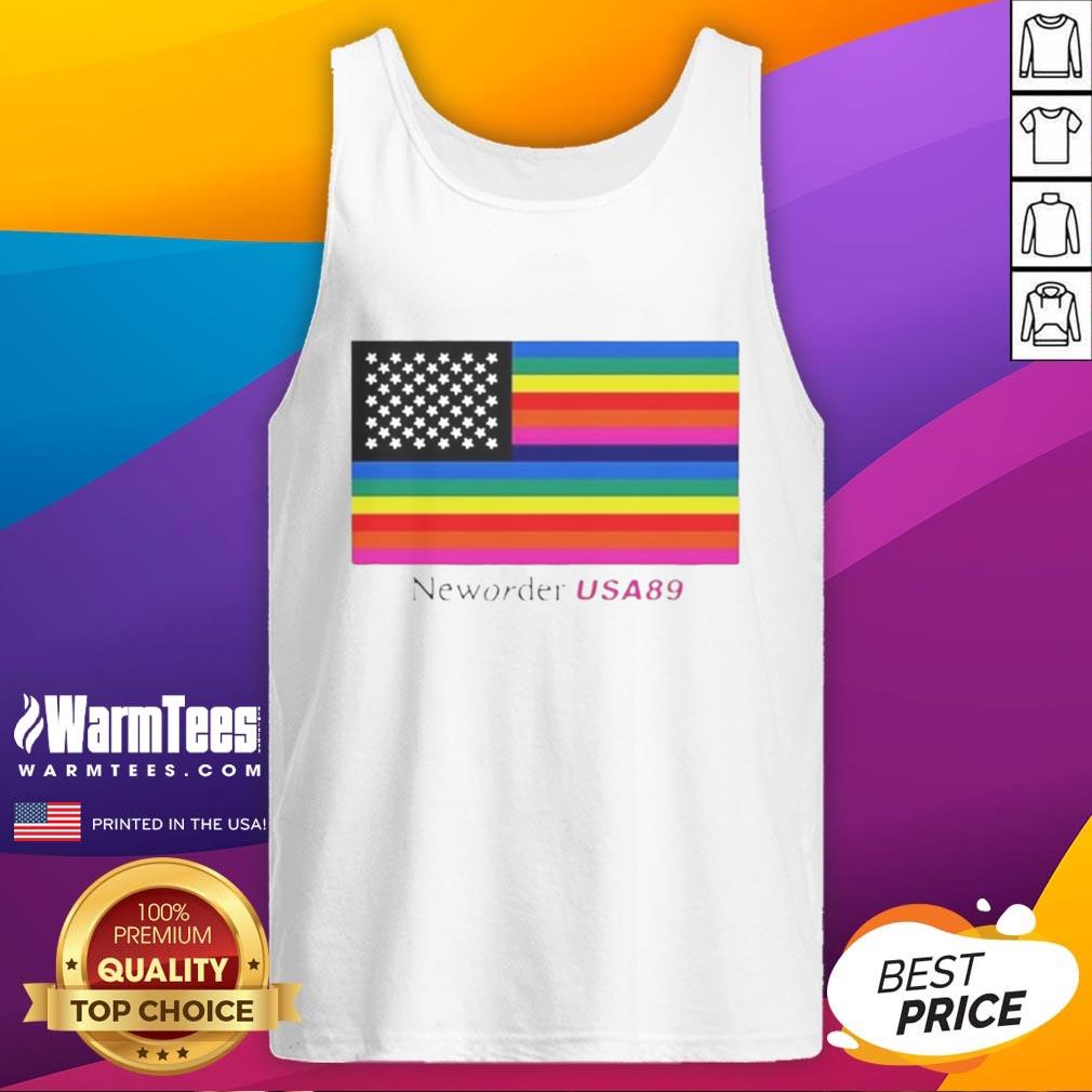 Official New Order USA 89 flag tank top featuring vibrant colors and stylish design for music festival enthusiasts.