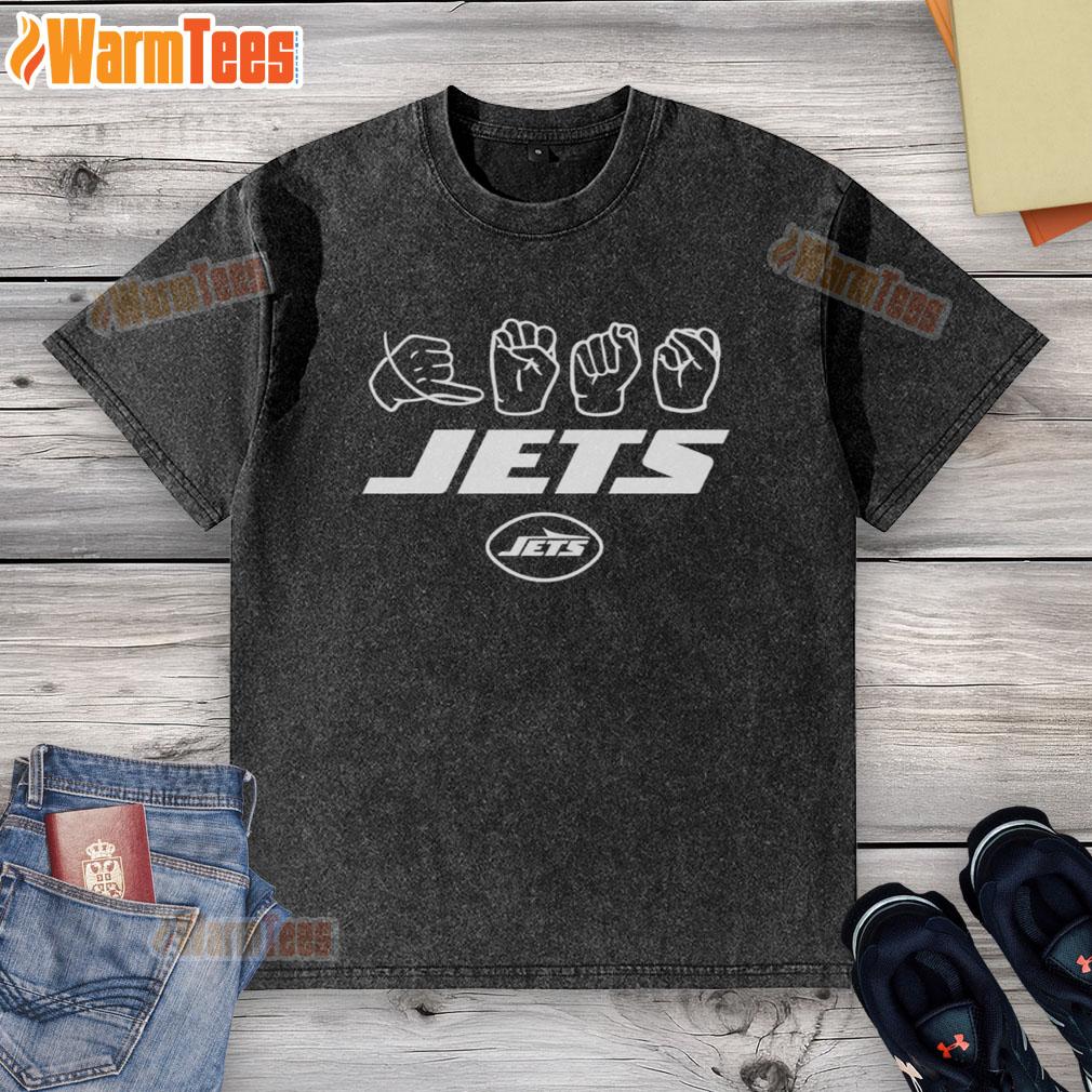 Official New York Jets Football youth t-shirt featuring love sign hand signals in a stylish washed design.