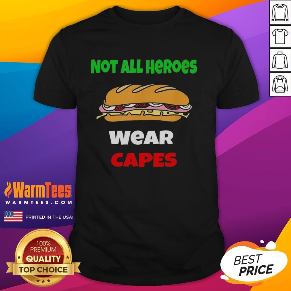Official Not All Heroes Wear Capes Free DC Sub Sandwich T-Shirt featuring a fun superhero design and vibrant colors.