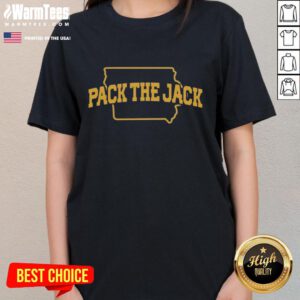 Alt Text: Official Pack The Jack Iowa Hawkeyes Football Ladies Tee featuring team logo and stylish design for female fans.