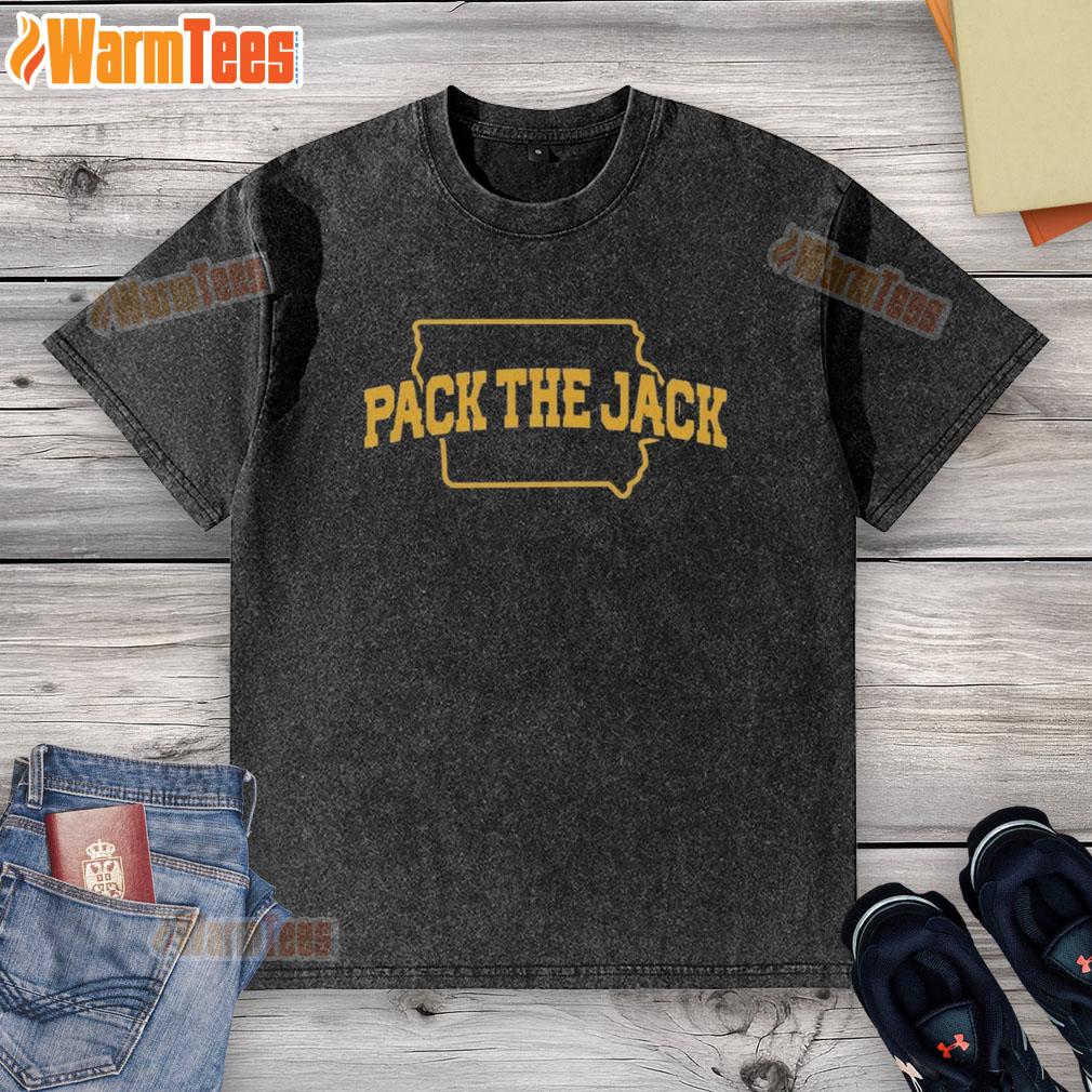 Official Pack The Jack Iowa Hawkeyes Football washed t-shirt in black, featuring team logo and vintage style.
