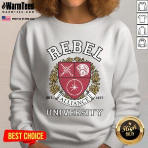 Official Rebel Alliance University Sweatshirt featuring logo and vibrant colors, perfect for fans of the Star Wars franchise.