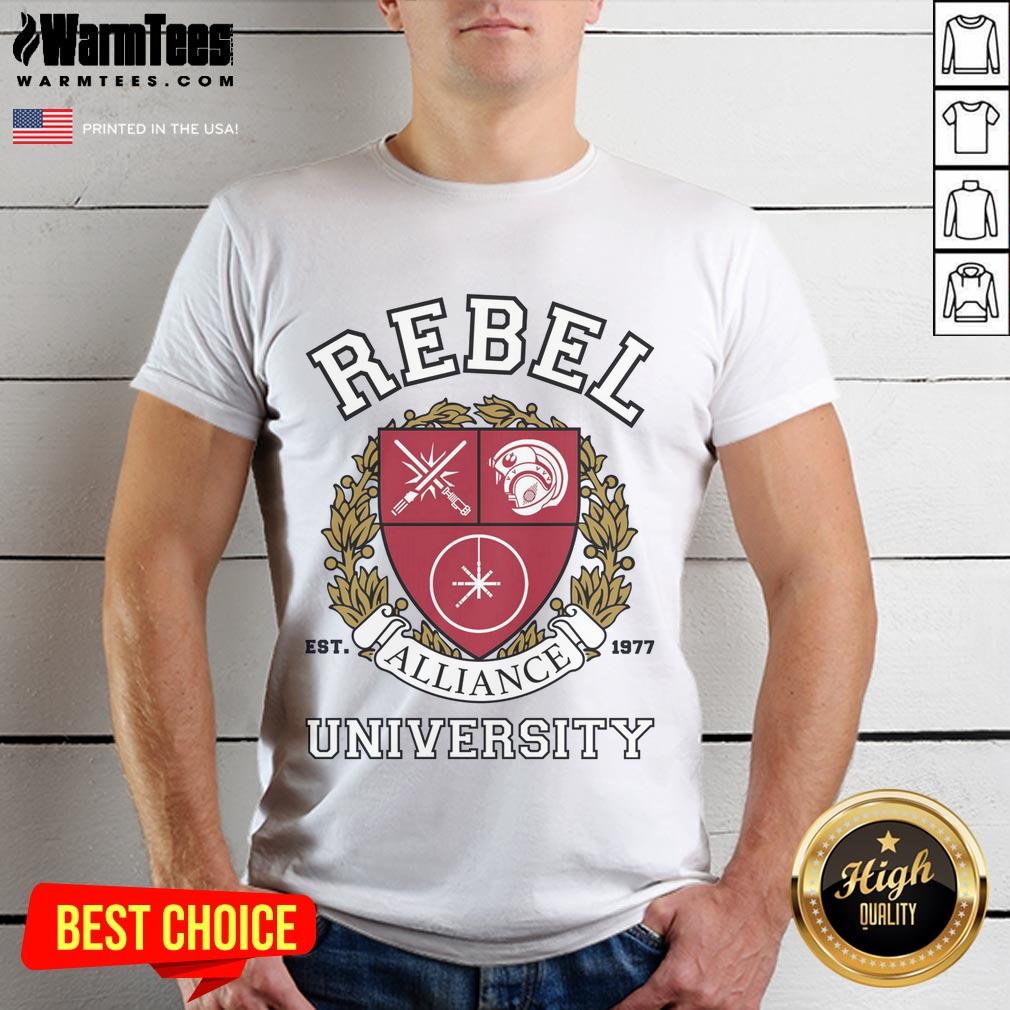 Alt Text: Official Rebel Alliance University T-Shirt featuring logo and design, perfect for fans of the Star Wars franchise.