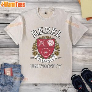 Alt Text: Official Rebel Alliance University washed t-shirt featuring a vintage design and comfortable fit for fans of Star Wars.