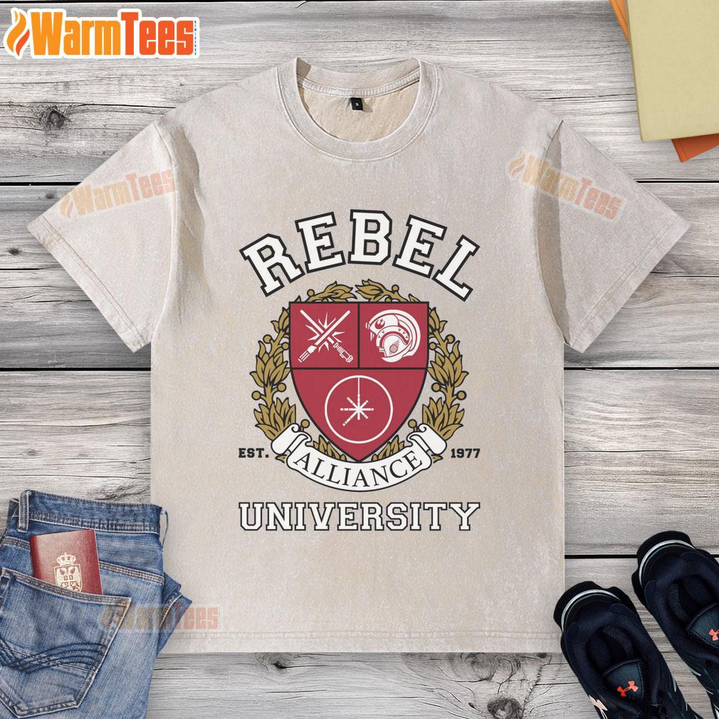 Alt Text: Official Rebel Alliance University washed t-shirt featuring a vintage design and comfortable fit for fans of Star Wars.