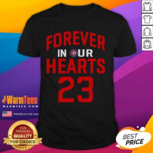 Alt Text: Official Ryne Sandberg Forever 23 In Our Hearts T-Shirt featuring a tribute design for the baseball legend.