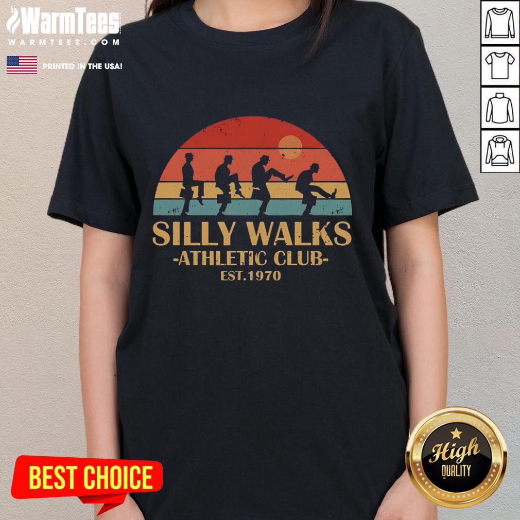 Vintage sunset ladies tee from Official Silly Walks Athletic Club, est. 1970, showcasing a playful design and retro style.