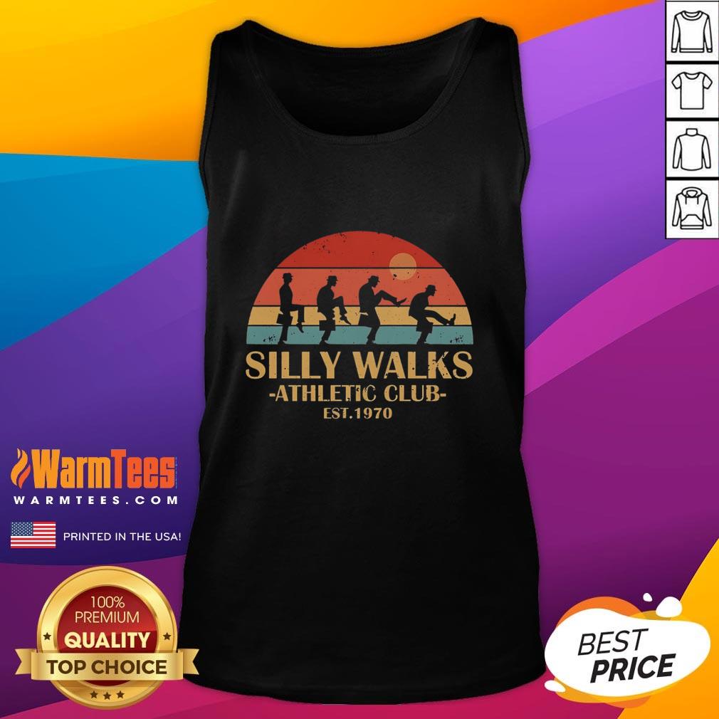 Vintage sunset tank top from the Official Silly Walks Athletic Club, est. 1970, showcasing a fun and unique design.