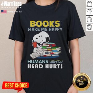 Official Snoopy Book Makes Me Happy ladies tee featuring a cheerful Snoopy graphic on a stylish women's t-shirt.