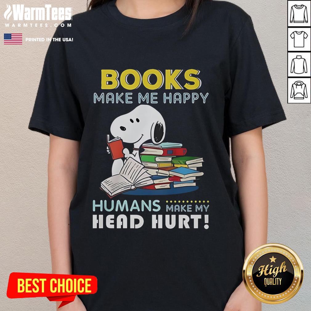 Official Snoopy Book Makes Me Happy ladies tee featuring a cheerful Snoopy graphic on a stylish women's t-shirt.