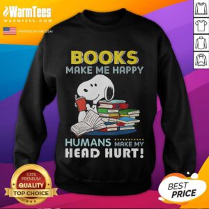 Official Snoopy Book Makes Me Happy sweatshirt featuring vibrant graphics and cozy design for Peanuts fans.