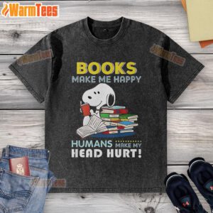 Official Snoopy Book Makes Me Happy washed t-shirt featuring a cheerful Snoopy graphic on a soft, casual fabric.