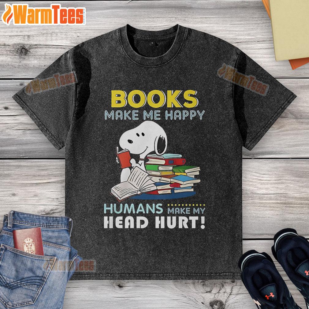 Official Snoopy Book Makes Me Happy washed t-shirt featuring a cheerful Snoopy graphic on a soft, casual fabric.