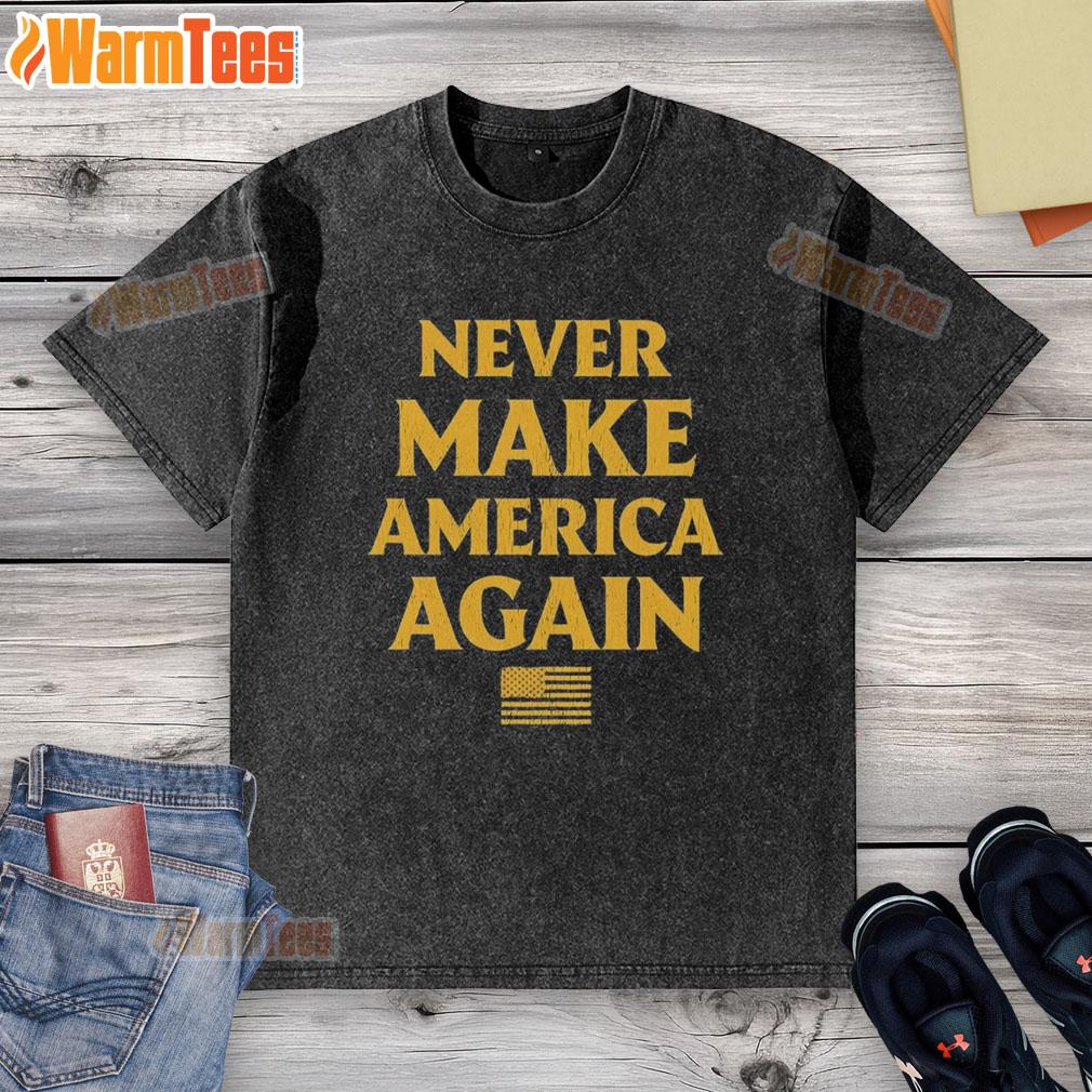 Official Trump Never Make America Again flag design on a stylish washed T-shirt, perfect for patriotic fashion.