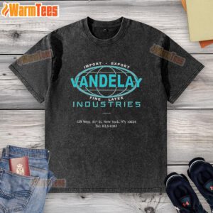 Alt Text: Official Vandelay Industries logo on a washed t-shirt, showcasing a stylish and casual design for fans and enthusiasts.