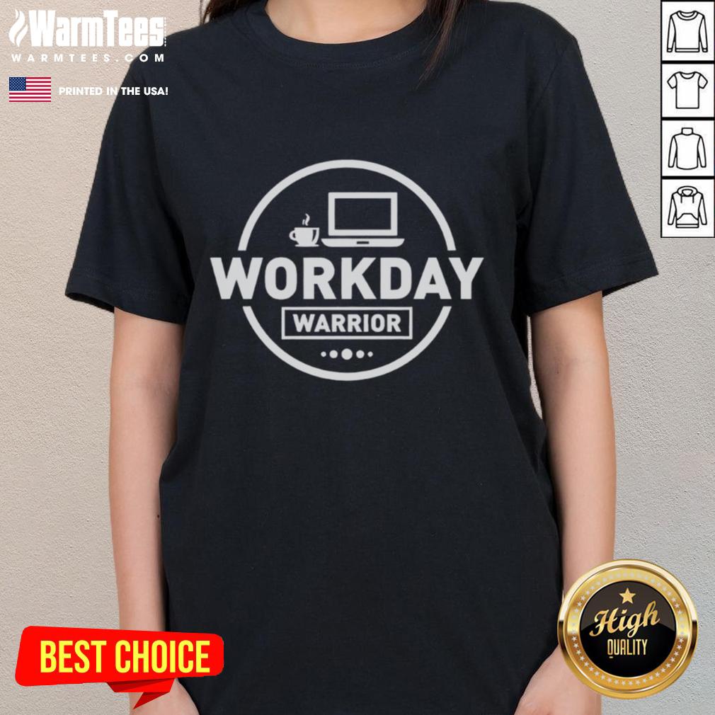 Official Workday Warrior Coffee logo on a laptop in an office setting with ladies wearing stylish tees.