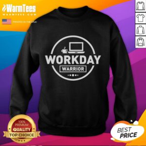 Official Workday Warrior Coffee logo on a laptop and office sweatshirt, showcasing a stylish work-from-home vibe.
