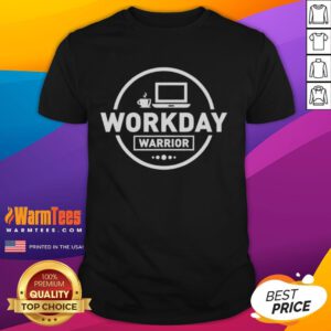 Alt Text: Official Workday Warrior Coffee logo featured on a stylish laptop office t-shirt, perfect for remote work attire.