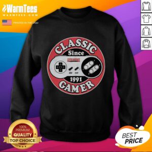 Original Classic Gamer Since 1991 Super Nintendo Sweatshirt featuring retro gaming design and vibrant colors.
