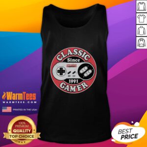 Original Classic Gamer Since 1991 Super Nintendo Tank Top featuring retro gaming graphics and vibrant colors.
