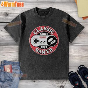 Original Classic Gamer Since 1991 Super Nintendo Washed T-Shirt featuring vintage design and retro gaming graphics.
