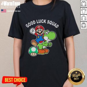Original Good Luck Squad Super Mario Bros Ladies Tee featuring vibrant graphics of Mario and friends.