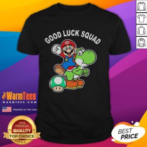 Original Good Luck Squad Super Mario Bros T-Shirt featuring iconic characters and vibrant colors for gaming fans.