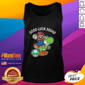 Alt Text: Original Good Luck Squad Super Mario Bros tank top featuring vibrant graphics of iconic Mario characters.