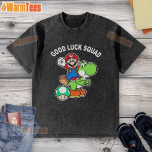 Original Good Luck Squad Super Mario Bros washed t-shirt featuring vibrant graphics of Mario and friends.