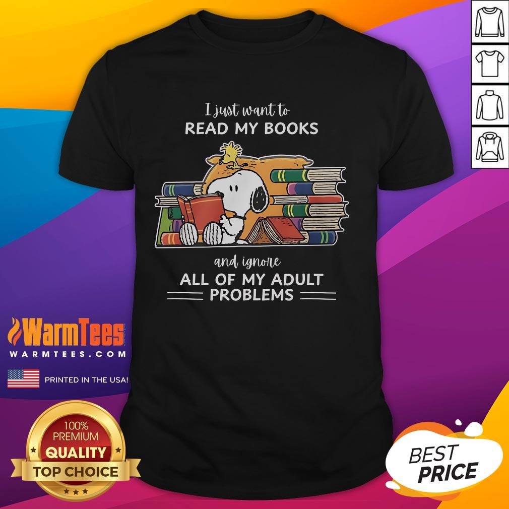 Alt Text: Original Snoopy I Just Want To Read Books And Ignore Adult Problems T-Shirt design featuring Snoopy and books.