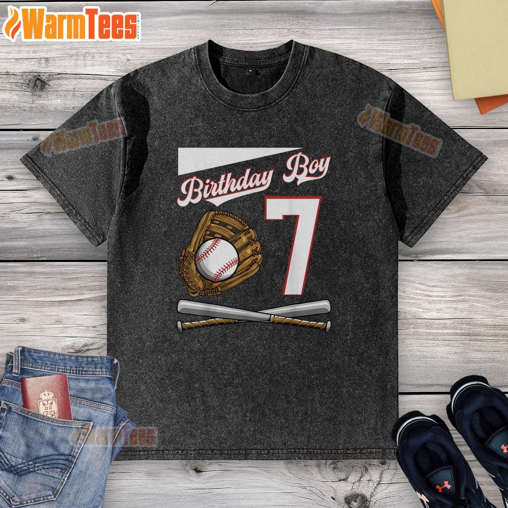 Alt Text: Premium Birthday Boy 7 Baseball Washed T-Shirt featuring a fun design for kids' birthday celebrations.