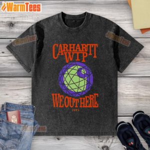 Premium Carhartt WIP We Out Here Merch 2025 washed t-shirt displayed on a hanger, showcasing its stylish design and quality.