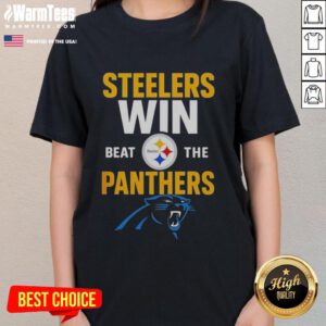 Premium Carolina Panthers Win vs Pittsburgh Steelers NFL 2025 cartoon ladies tee featuring vibrant team graphics.