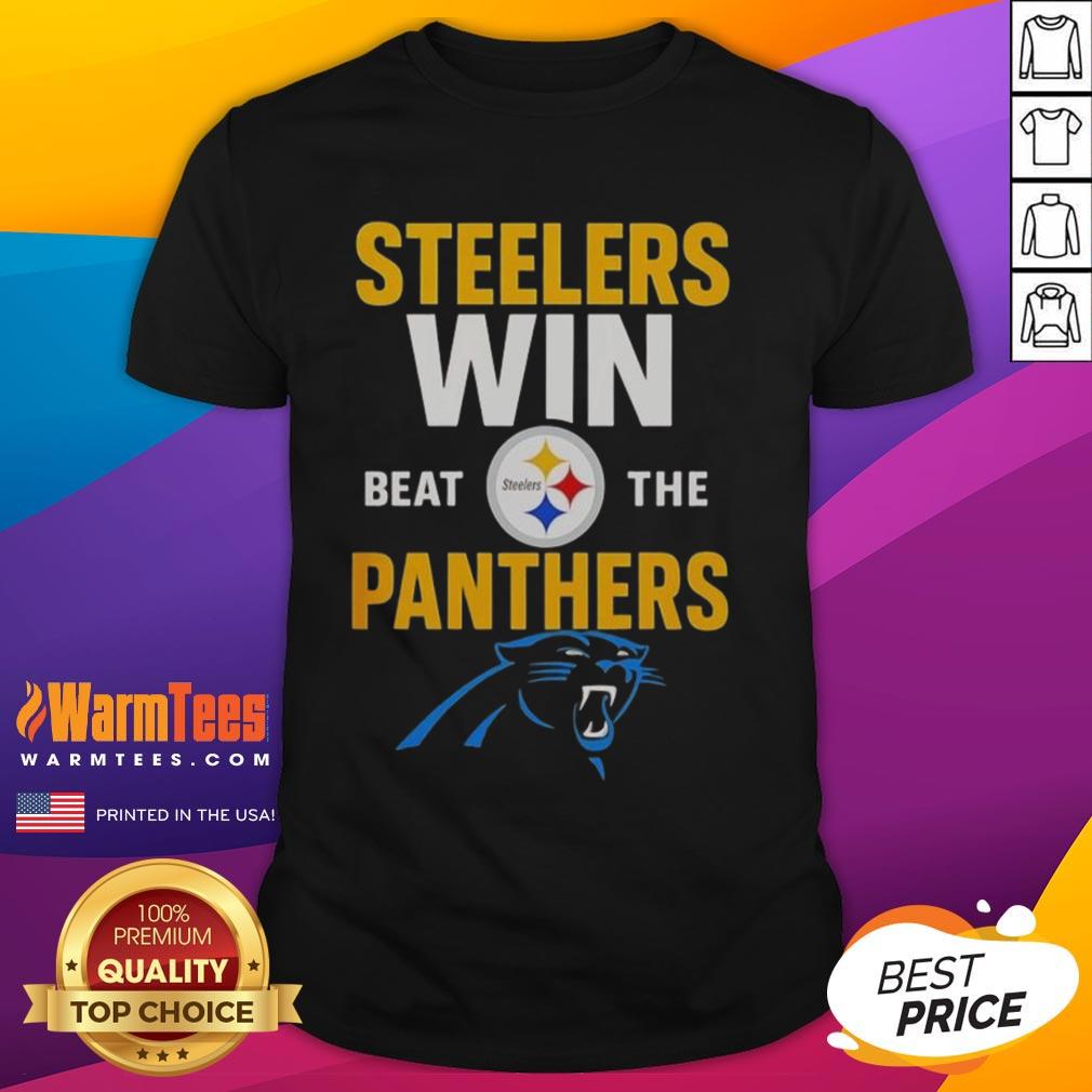 Cartoon T-shirt featuring the Premium Carolina Panthers celebrating a win against the Pittsburgh Steelers NFL 2025.