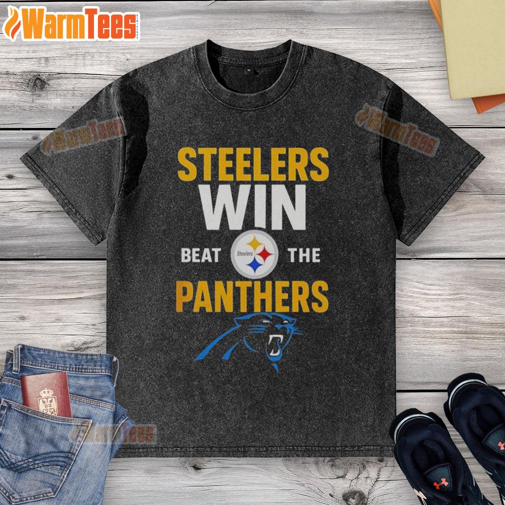 Premium Carolina Panthers win cartoon washed t-shirt featuring a fun design celebrating their victory over the Steelers.