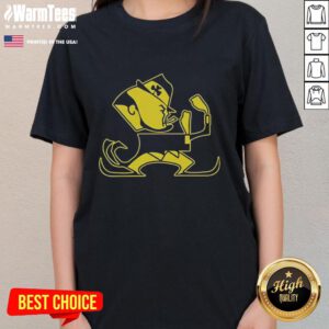 Alt Text: Premium Christopher Ash wearing Notre Dame Leprechaun mascot ladies tee, showcasing school spirit and style.