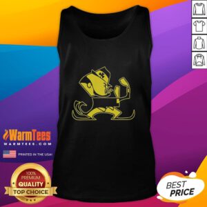 Alt Text: Premium Christopher Ash sporting a Notre Dame Leprechaun mascot tank top, showcasing team spirit and style.