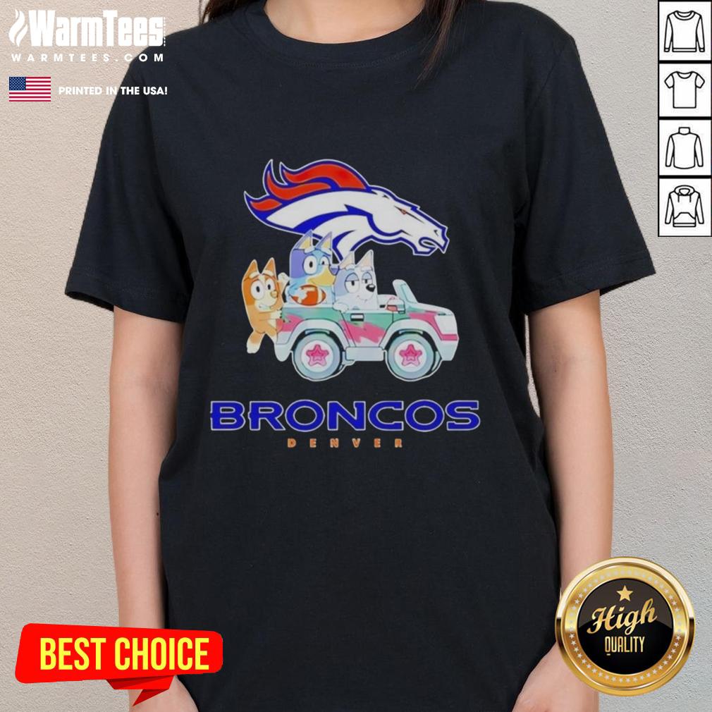 Alt Text: Premium Denver Broncos Bluey cartoon character ladies tee featuring vibrant colors and a stylish design.