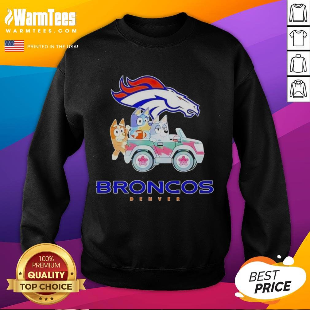 Premium Denver Broncos Bluey cartoon character sweatshirt featuring vibrant colors and a cozy design.