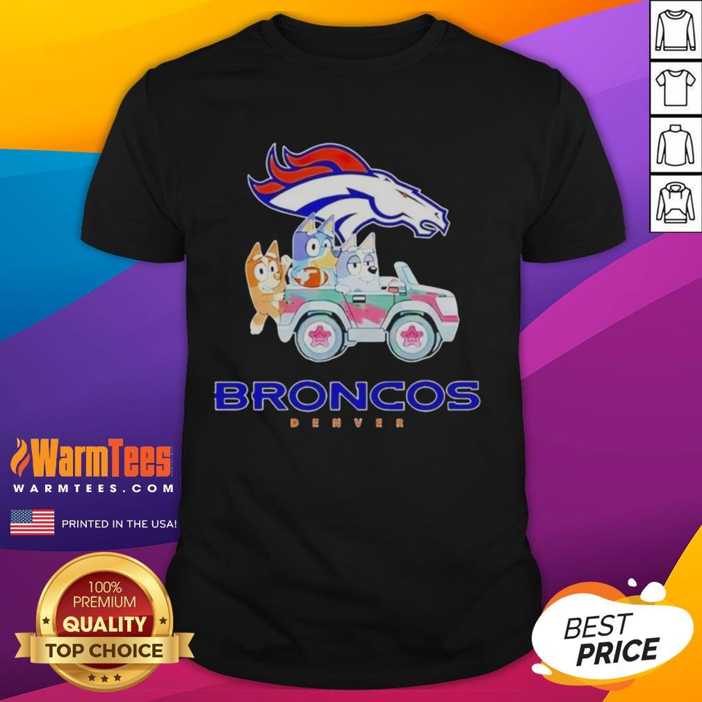 Premium Denver Broncos Bluey cartoon character T-shirt featuring vibrant colors and playful design for fans and kids.