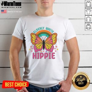 Premium Elderly White Hippie Retro Butterfly Rainbow Flower T-Shirt design featuring colorful butterfly and flower graphics.