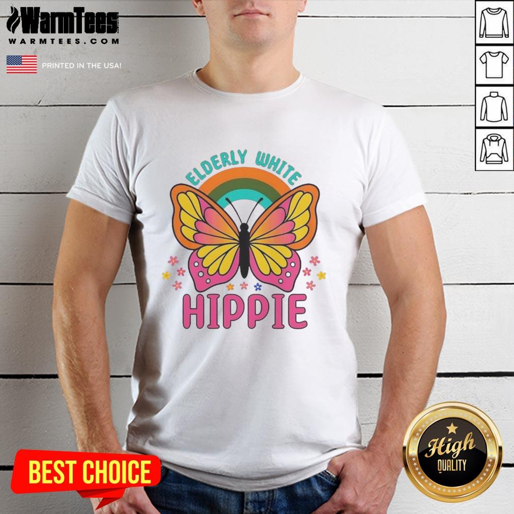 Premium Elderly White Hippie Retro Butterfly Rainbow Flower T-Shirt design featuring colorful butterfly and flower graphics.