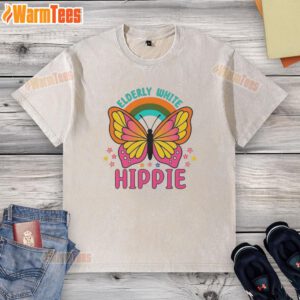 Premium elderly white hippie retro butterfly rainbow flower washed t-shirt showcasing vibrant colors and unique design.